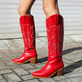 Western Cowboy Knee High Boots Pointed Toe Thick High Heeled Embroider Red Long Booties Trendy Shoes Woman