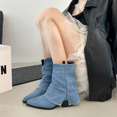 Western Cowboy Boots Vintage Pointed Toe Shoes Thick Heel Short Botas Zapatos De Mujer