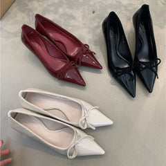 Pointed Toe Pumps Single Shoes Bowknot Patent Leather Office Shallow Elegant Brand High Heels Tacones