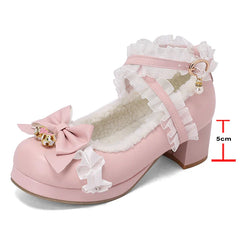 Lolita Pumps Round Toe Thick Mid Heels Cross Strap Buckle Bow Kawaii Cosplay Shoes Beige 46