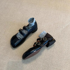 Double Buckle Strap Tabis Shoes Solid Leather Mary Janes Low Heeled Flats Woman Trotters Loafers Barefoot Walking Shoes