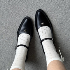 Shallow Mouthed Mary Jane Shoes Thick Heel with A Single Button Leather Shoes Metal Decorative Leisure Flat Shoes