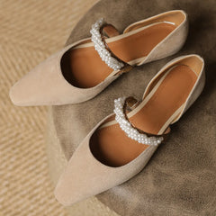 mary jane flats natural suede leather beading band pointed toe slip-on casual footwear daily shoes
