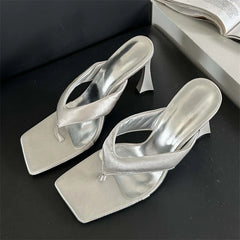 Square Clip Toe Slippers High Heels Casual Slides Sandals Flip Flops Shoes