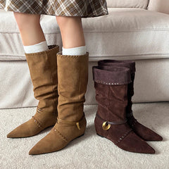 Mid Calf Boots Pointed Toe Flats Shoes Chelsea Boots Casual Walking Suede Zapatos Goth Mujer Botas