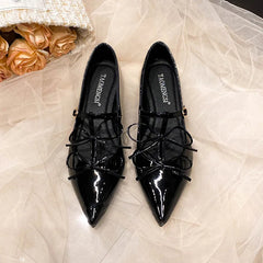 T-strap flats double bowtie ankle strap party shoes woman pointed toe cutout mary janes japanned leather loafers