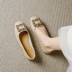 Rhinestone Lace square buckle Square Closed Toe Slip On Flat Shoes Solid