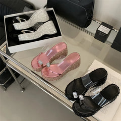 Crystal Sequin Cloth Platform Wedge Slippers Street Style Clip Toe High Heels Banquet Shoes