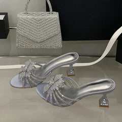 Gold Silver Crystal Gem Strange Low Heels Slippers Rhinestone Flowers Party Prom Shoes Mules Sandals