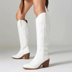 Western Cowboy Knee High Boots Pointed Toe Thick High Heeled Embroider Red Long Booties Trendy Shoes Woman