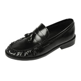 Black Patent Leather Chunky Heel Loafers Pleated Fringe Sewing Shoes Comfortable Soft Leather Zapatos De Mujer