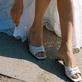 Square Toe Toe Hollow Mules Block Thin Heels White Bow Elegant Shoes