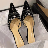 Suede Bow Cutout Pointed Toe Slippers Stiletto High Heels Metal Decorative Elegant Shallow Mules Shoes