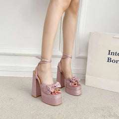 COOL GIRLS PINK PLATFORM HEELSSilver Gold High Heel Sweet Sandals Diamond Large Size Mary Jane Shoes