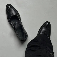High Quality Leather Shoes Pointed Toe Metal Buckle Mary Jane Shoes