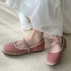 Cute Satin Velvet Rivet Decoration Flat Shoes Comfort Mary Jane Shoe Elegant Ballet Flats Loafers
