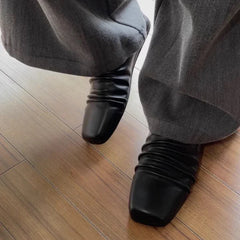 Pleated Leather Flat Mules Shoes Woman High Quality Squared Toe Slippers Comfort Outdoor Casual Flats