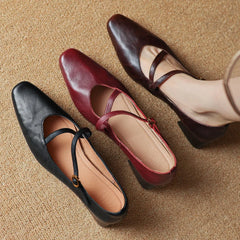 genuine leather square toe slip-on pumps 4cm thick low heel OL style elegant narrow band cross strap slim shoes