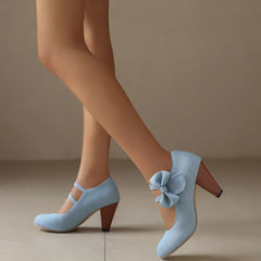 Plus Size 48 Brand Round Toe Chunky Heel Pumps Elegant Bow Buckle Solid Party Shoes