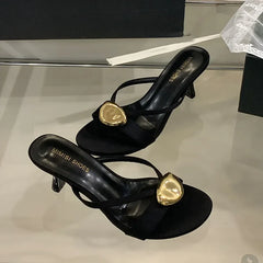 Metal High Heels Pumps Slides Shoes In Slip Round Toe Thin Heels Shoes
