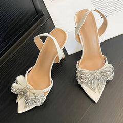 Crystal Rhinestone Bowknot Pointed Open Toe Back Strap Sandals Pink High Heels Wedding Prom Shoes Size 35-41