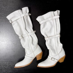 Vintage Pleated Belt Buckle Faux Suede Knee High Boots High heels Western Cowboy Knight Boots Shoes