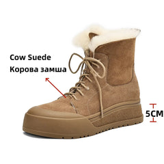 Wool Snow Boots Flats With Platforms Cross-tied Ankle Boots Round Toe Fur Short Warm Boots Shoes