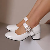 Plus Size 48 Patent Leather Mary Jane Shoes Sparkly Crystal Rhinestone Burgundy White Block Heel Pumps Party Shoe