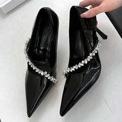 High Quality Rhinestone Decoration Pointed Toe Patent Leather Thin High Heels Elegant Party Dress Mules Shoes