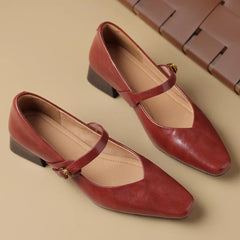 genuine leather square toe Slip-on Mary Jane pumps 4cm thick low heel elegant daily dress heeled shoes