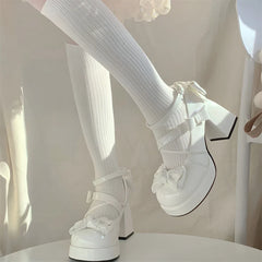 Lolita Bow Bow Decor Pumps Platform Chunky High Heels Ankle Strap Sweet Cute Elegant Pumps