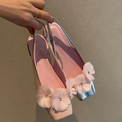 Flower Mules Sandals Square Toe Slip On Singbacks Shoes Elegant Dress Flats Sandalias