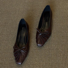 Square Bow Decorative Flat Shoes Leather Pleated Shallow Mouth Loafers Shoes Outdoor Comfortable Shoes