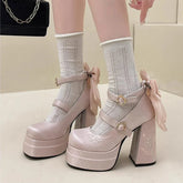 Pink Lolita High Heels Pumps Cute Bow Round Ankle Straps Chunky Platform Mary Jane Shoes Embroidered Heels