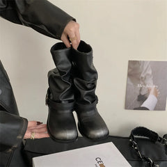 Black Boots Round Toe Chunky Heels Fall Shoes Belt Buckle Cowboy Boots