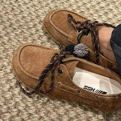 Round Toe Loafers Cow Suede Lace Up Flat Shoes Casual Versatile Doudou Shoes Soft Soled Lady Shoes