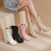 Ruffles Vintage Lolita Wedding Boots Chunky Block Square High Heels Lace Up Thick Platform Gothic Shoes Black White Pink