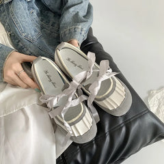 Round Toe Bow Flats Loafers Outdoor Slip on Soft Bottom Mary Jane Shoes Casual Ballerina Shoes