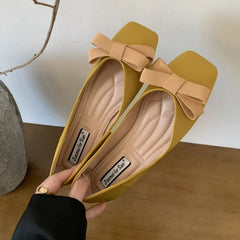 Mary Jane Shoes Square Toe Flats Shallow Dress Shoe Butterfly Knot Patent Leather Soft Soled Ballet Shoes