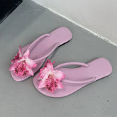 Pink Flower Flats Slippers Beach Round Toe Flip flops Flats Slippers Slides Sandals Shoes