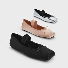 sweet pink silk flat shoes woman square toe bowtie ballet flats silver leather mary janes shoes elastic band moccasions