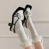 Open Toe Camellia Flower Sandals Square Toe Hollow Strappy Daily Casual High Heels Beach Shoes