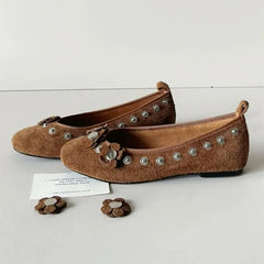 Brown Metal Button Flower Decoration Ballet Flats Faux Suede Design Loafers Elegant Comfortable Mary Jane Shoes