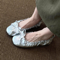 Red Bow Pleated Design Brand Ballet Flat Shoes Retro Round Toe Shallow Mary Jane Shoes Comfortable Moccasin