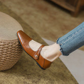 Square Toe Brown leather mary janes shoes woman retro ankle strap flats shallow mouth moccasins comfy ballerina shoes
