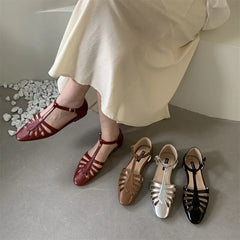 T-strap Rome Flat Sandals Hollow Out Vintage Mary Janes Shoes Pu Leather Holiday Elegant Gladiator Sandals