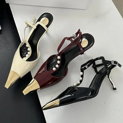 Metal Pointed Toe Thin High Heels T-Strap Pearl Elegant Party Pumps Sandals