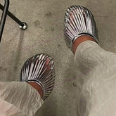 Silver Round Toe Slippers Cut Heels Patent Leather Shoes