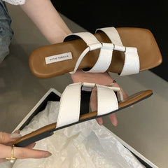 Set Toe Flat Sandals Square Head Hollow Slippers Party Soft Bottom Beach Shoes Flip Flops