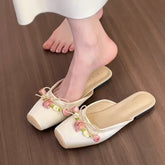 Satin Flower Slippers Non-slip Casual Slide Comfy Light Ethnic Style Sandals Flat Floral Mule Shoes